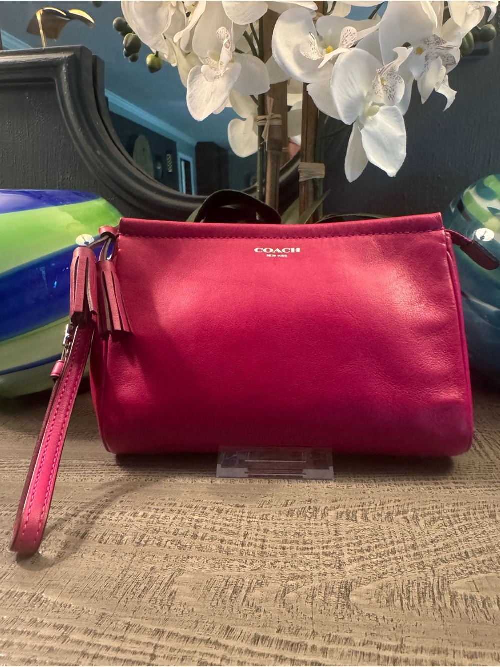 COACH Fuschia Leather Large Wristlet with Tassel in EUC Fits Phone